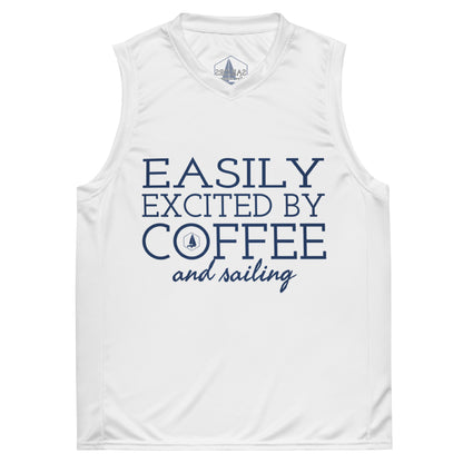 Recycled unisex basketball jersey (Easily Excited by Coffee and Sailing)