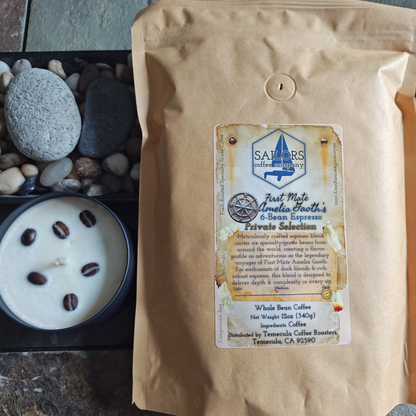 First Mate Amelia Gaoth's 6-Bean Espresso - Private Selection & Coffee-scented Candle bundle (coffee shown in a compostable bag)