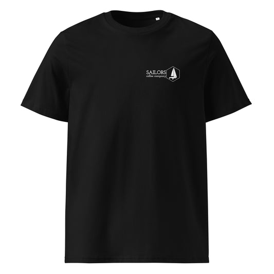 Unisex organic cotton t-shirt (Easily Excited by Coffee and Sailing)