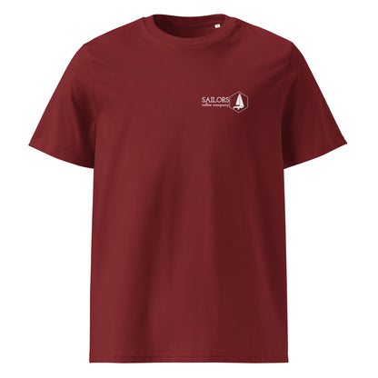 Unisex organic cotton t-shirt (Easily Excited by Coffee and Sailing)