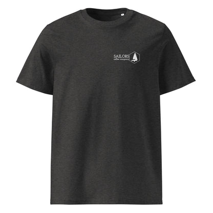 Unisex organic cotton t-shirt (Easily Excited by Coffee and Sailing)