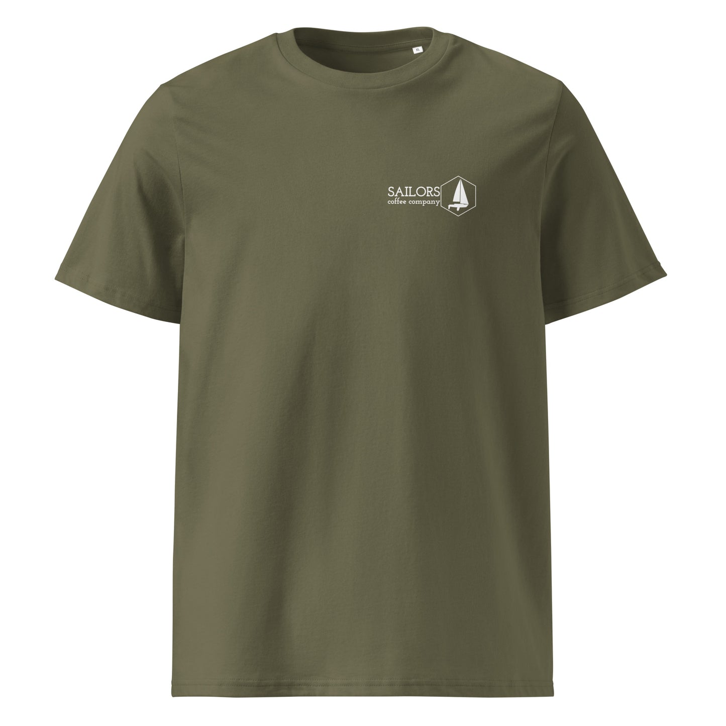 Unisex organic cotton t-shirt (Easily Excited by Coffee and Sailing)