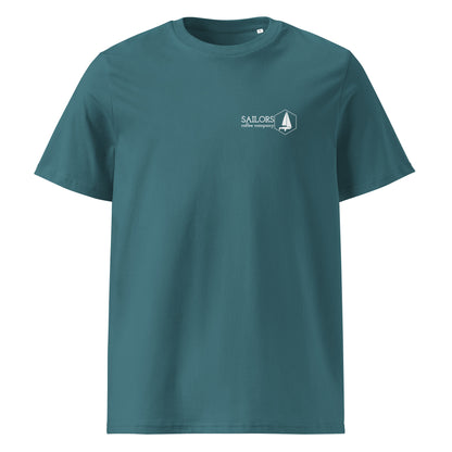 Unisex organic cotton t-shirt (Easily Excited by Coffee and Sailing)